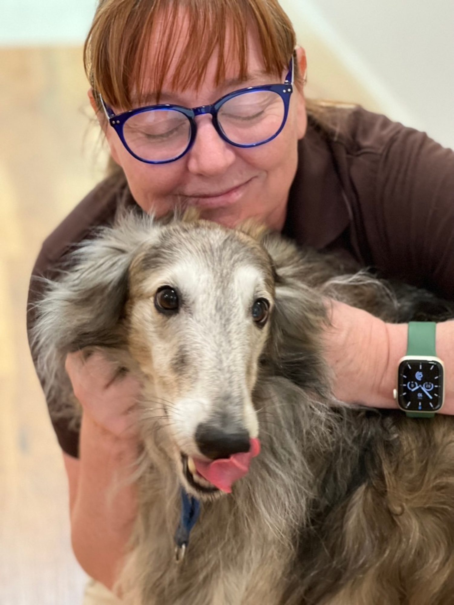 FSW Kate Swann with shop dog Wiley