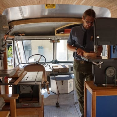 int. view Tabitha Babbitt, US Craft Bureau Mobile Woodshop