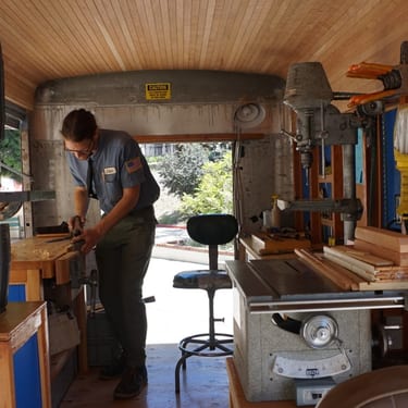 int. view Tabitha Babbitt, US Craft Bureau Mobile Woodshop