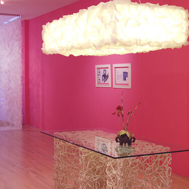 Knoop dining table, Puff chandelier, and Peep screen; Bridge Gallery installation, 2008