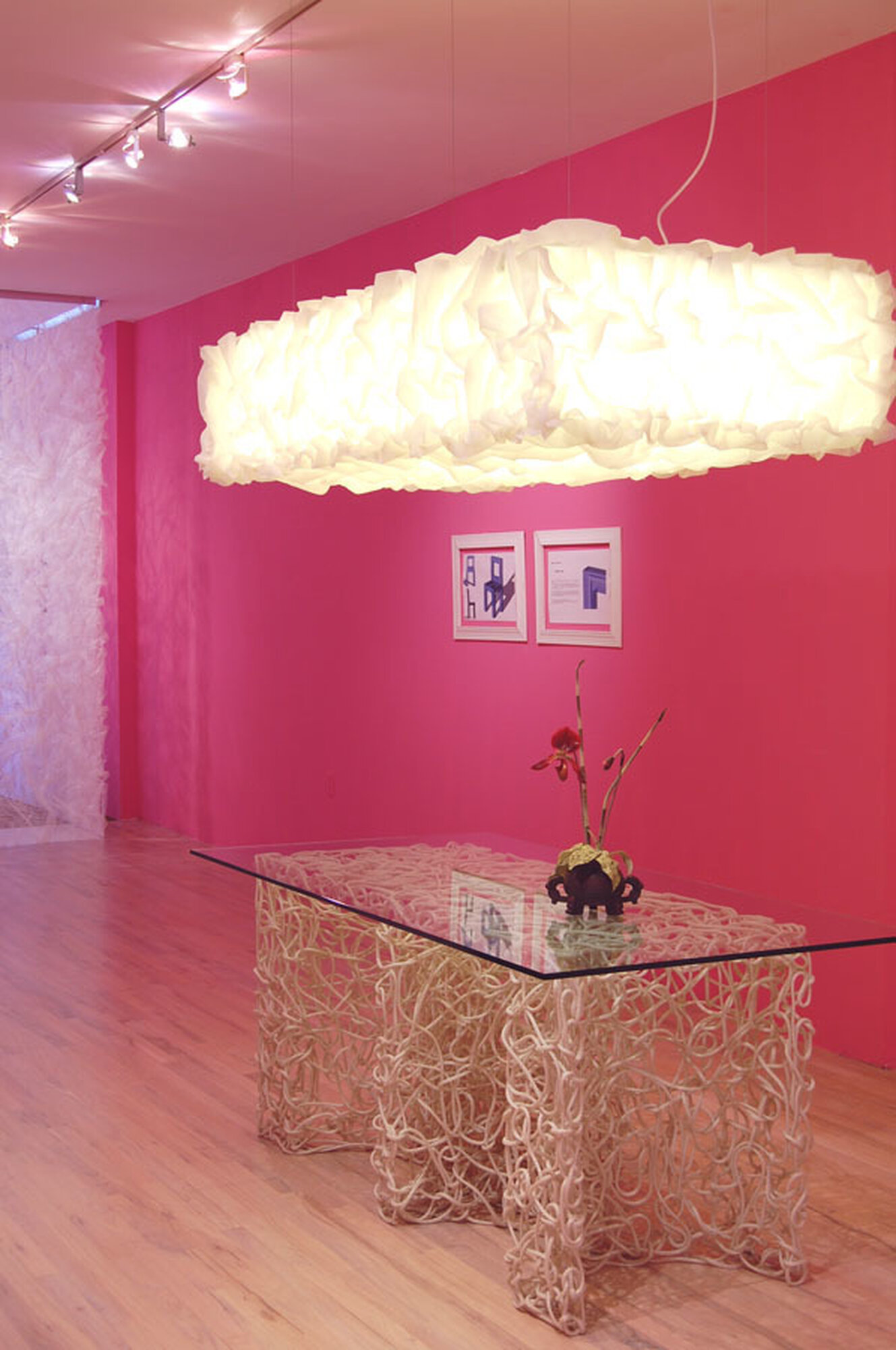 Knoop dining table, Puff chandelier, and Peep screen; Bridge Gallery installation, 2008