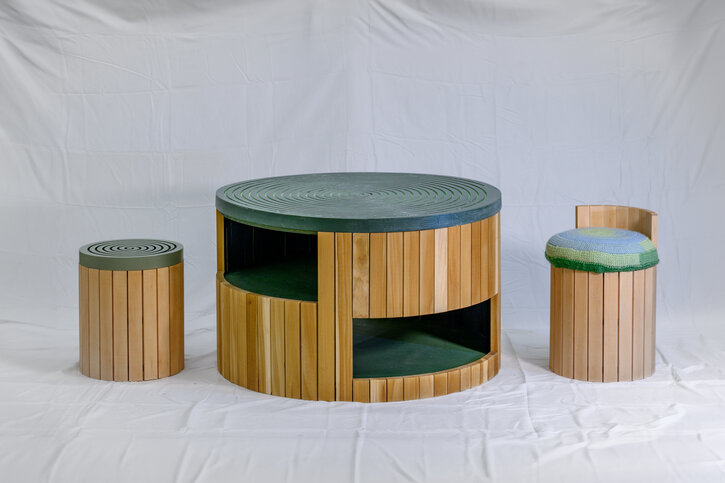 Green Stump Table with Stump Stools
