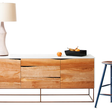 Rustic Modern Credenza, Turned Lamp, Anny Stool